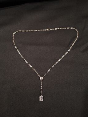 Diamonique Emerald Cut Y Necklace Sterling Silver Paperclip Chain QVC 18"
